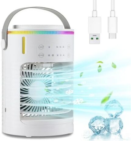 Portable Air Conditioner, ICDLTJ Mini Air Cooler Desktop Air Conditioners with 600ml Tanks and Spray & Colorful Night Light, 3 Wind Speed & 2-8H Timer, Air Cooling Fan for Home Office Dorm