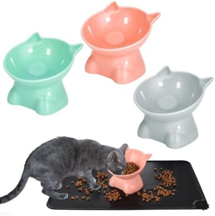 Provone 3 Pcs Raised Cat Bowl Set, Elevated Cat Bowls with Pet Food Mat, Cat Food Bowl with Stand Tilted, Anti Vomit Cat Feeding Bowls for Protecting Pet's Spine, Pets 15° Tilted Raised Cat Feeder