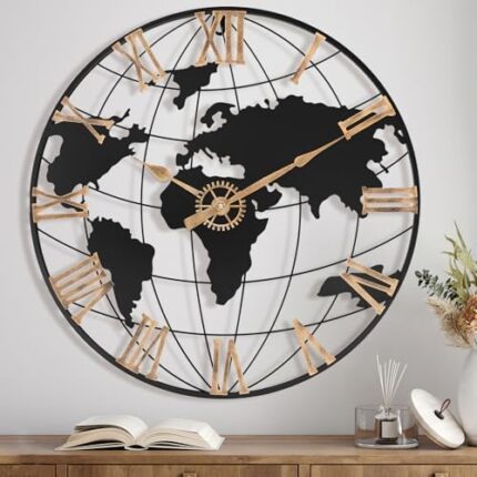 Pytha Sight 24 Inch Large Wall Clocks for Home Decor,Big Modern Decorative Metal World Map Wall Clock Oversized with Vintage Gold Roman Numeral for Office,Living Room,Kitchen,Dining Room