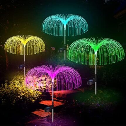 Qoosea Solar Lights Outdoor Garden Lights 4 Pack Fiber Waterproof Garden Lights 7 Color Changing Solar Lights Decorative for Wedding Christmas Lawn Backyard Party Patio Garden Pathway Decoration