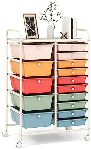 RELAX4LIFE 15 Drawer Rolling Storage Cart, Utility Cart on Wheels for Tool Scrapbook Paper Salon, Office School Classroom Teacher Cart w/Drawers, Craft Art Supply Storage Organizer (Gradient Color)