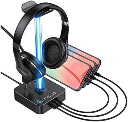 RGB Headphone Stand with USB Charger COZOO Desktop Gaming Headset Holder Hanger with 3 USB Charger and 2 Outlets - Suitable for Gaming, DJ, Wireless Earphone Display,Game Accessories Boyfriend Gifts