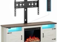 ROCHECASA Fireplace TV Stand, Farmhouse TV Mount Stand for 32-65 75 inch TVs with Charging Station LED Lights, Entertainment Center with Storage for Bedroom, Living Room