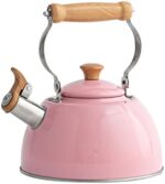 ROCKURWOK Whistling Tea Kettle, 1.6 QT / 50 OZ, Pink Teapot, Universal Base for Induction | Gas | Electric | Halogen | Radiant, Wooden Handle, Vintage