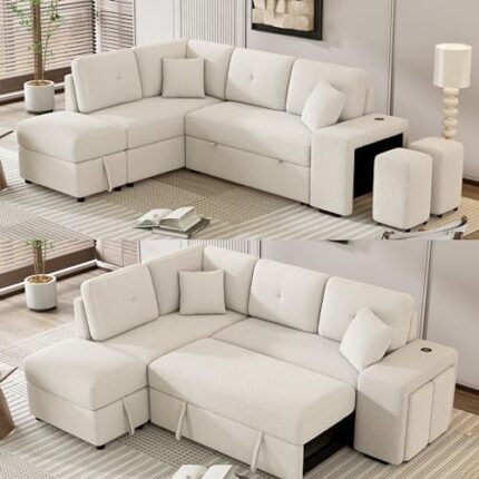 Reversible Sleeper Sectional Sofa Pull Out Couch Bed with Storage Ottoman and 2 Stools, Comfy Chenille Upholstered Convertible Corner Sofá Sofabed w/Wireless Charger and USB Ports for Living Room