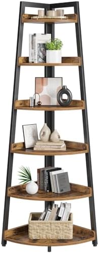 Rolanstar Corner Shelf, 6-Tier Corner Bookshelf, Rustic Brown Corner Shelf Unit, Tall Corner Ladder Shelf, Corner Plant Stand for Living Room, Home Office, Kitchen