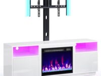 Rolanstar Fireplace TV Stand with Led Lights and Power Outlets, Entertainment Center with Electric Fireplace, Swivel TV Stand Mount for 45/55/60/65 inch TVs, Height Adjustable TV Console, White