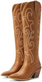 Rollda Cowboy Boots for Women Knee High Cowgirl Boots Pointy Toe Western Boots with Side Zipper Stacked Heel