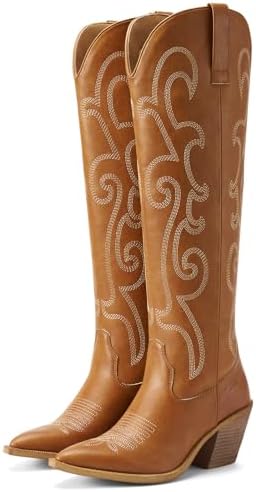 Rollda Cowboy Boots for Women Knee High Cowgirl Boots Pointy Toe Western Boots with Side Zipper Stacked Heel