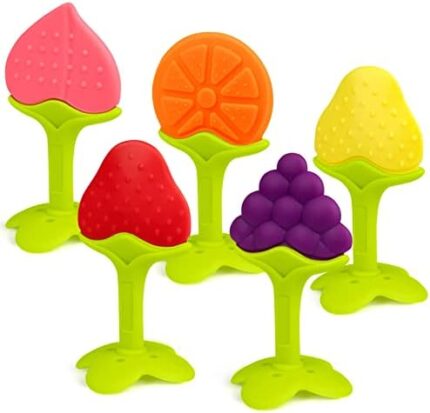 SHARE&CARE BPA Free Silicone Fruit Baby Teether Toys Baby Teething Toys with Storage Case, for 3 Months Above Infant Sore Gums Pain Relief(5 Fruit Trees)