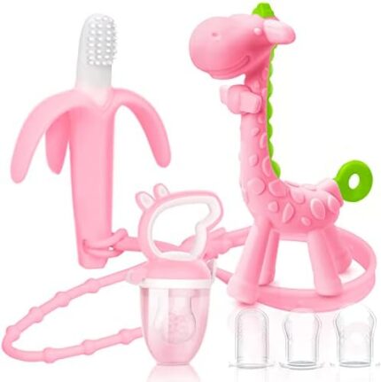 SHARE&CARE Baby Teething Toys for Girls and Natural Organic Fruit Feeder Pacifier/Baby Teether Chew Toys Fresh Food Feeder/ 1 Teethers and 1 Feeder with 3 Silicone Sacs (Yellow) (Pink)