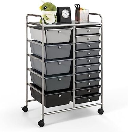 SILKYDRY 15 Drawer Rolling Storage Cart, Mobile Craft Cart Organizer with Wheels, Multipurpose Utility Cart for Scrapbook, Hobbies, Art Supplies, Tools, Home Office, Classroom (Mixed Black)