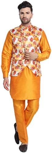 SKAVIJ Men's Kurta Pajama and Jacket (Waistcoat) Silk Blend Festive Wedding Suit Dress Set