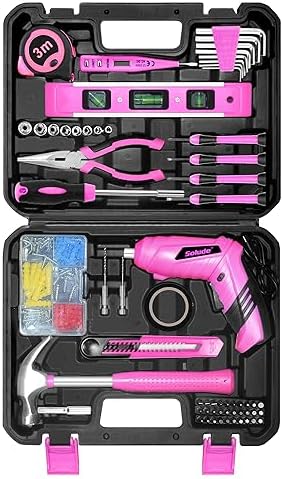 SOLUDE Pink Tool Set,130 Piece Women's Tool Kit for Home with 3.6V Cordless Rechargeable Screwdriver,Household Basic Toolkits for New Home,Apartment,Dorm & DIY Projects