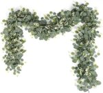 SOMYTING Eucalyptus Garland with White Flowers 2 Packs 5.9Ft Silver Dollar Eucalyptus Boxwood Gypsophila Garland Artificial Greenery Garland Vines for Wedding Party Mantle Table Runner Home Decor