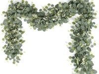 SOMYTING Eucalyptus Garland with White Flowers 2 Packs 5.9Ft Silver Dollar Eucalyptus Boxwood Gypsophila Garland Artificial Greenery Garland Vines for Wedding Party Mantle Table Runner Home Decor