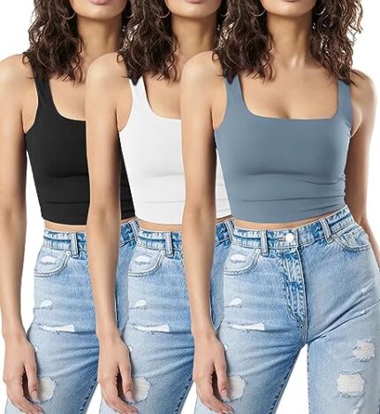 SUNDELL 3 Pack Crop Tank Tops for Women Casual Sleeveless Crop Tops Double Layer Cropped Yoga Workout Tops