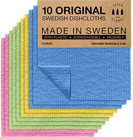 SUPERSCANDI Swedish Dish Clothes 10 Pack of Assorted Colors Reusable Compostable Kitchen Cloth Made in Sweden Cellulose Sponge Dish Cloths for Washing Dishes