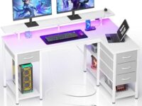 Seventable L Shaped Computer Desk with Drawers 47.2 inch, Gaming Desk with Power Outlets & LED Lights, Reversible Office Desk with Storage Shelves, Corner Desk with Monitor Stand for Home Office White