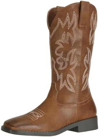 SheSole Ladies Mid Calf Western Square Toe Cowboy Boots for Women Embroidered Brown Boot