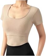 Short Sleeve T-Shirt Yoga Tops for Women Seamless Workout Cool T-Shirt with Chest Pad Tight Athletic Tops Women