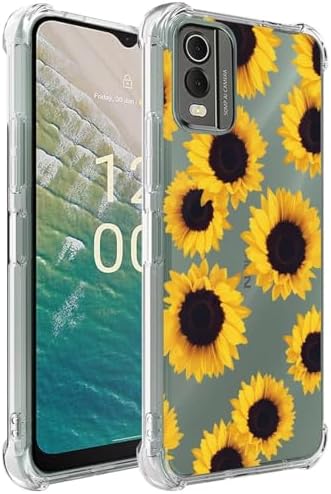 Sidande Case for Nokia C32 Case, Nokia C 32 Case for Girls Women, Clear Floral Soft Flexible TPU Slim Phone Protective Case Cover for Nokia C32 Sunflower