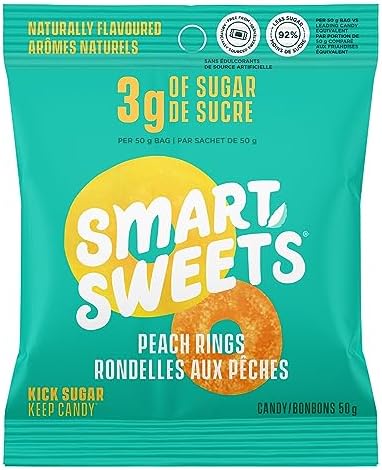 SmartSweets Peach Rings, Candy with Low Sugar (3g), Low Calorie, Plant-Based, Free From Sugar Alcohols, No Artificial Colours or Sweeteners, Pack of 12, New Juicy Recipe