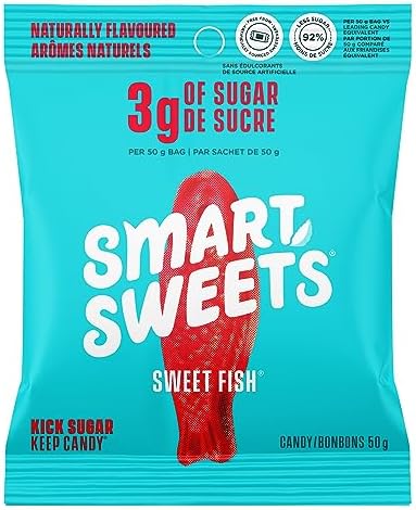 SmartSweets Sweet Fish, Candy with Low Sugar (3g), Low Calorie, Plant-Based, Free From Sugar Alcohols, No Artificial Colors or Sweeteners, Pack of 12, New Juicy Recipe