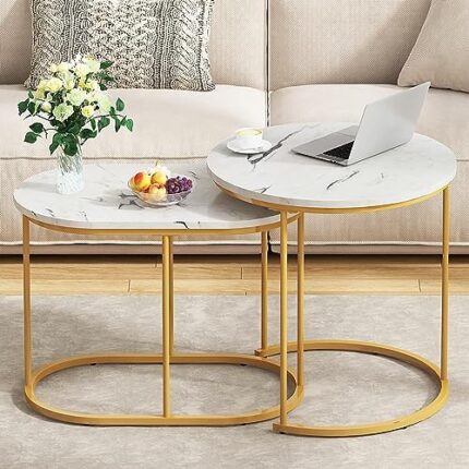 SogesHome Faux Marble Round Nesting Table Set of 2, End Table Set, 2 Piece Round Side Table Coffee Table Accent Table, for Living Room, Bedroom, Balcony, Office, White& Gold, NSDCA-FJGS-ST09WT