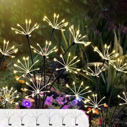 Solar Garden Lights 6 Pack, 360LED Flickering Firework Lights with 2 Light Modes, Waterproof Solar Lights for Pathway Yard Outdoor Garden Decor, Gardening Gifts for Women Mother’s Day, Warm White