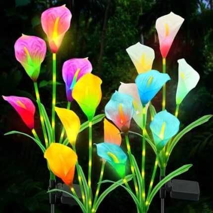 Solar Garden Lights Outdoor Waterproof, Solar Calla Lily Flower Lights, 4 Pack Upgraded Color Changing Solar Flower Lights with Glowing Stems, Solar Powered Decorative Lights for Yard Garden, Patio