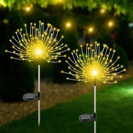 Solar Lights Outdoor for Garden Decor-2 Pack 120 LED Solar Garden Firework Stake Lights Waterproof Sparklers Solar Outside Lights for Yard, Pathway, Garden, Patio, Backyard, Warmwhite