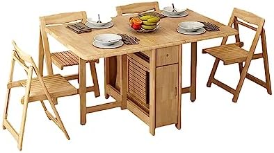 Solid Wood Drop Leaf Dining Table Set, Extendable Dining Table with 4 Dining Chairs, Space Saving Foldable Desk Furniture