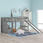 Solid Wood Low Loft Bed with Storage Staircase, Twin Size loft Bed with Slide and Stair, Stairway with Handrail, Space-Saving Bedroom Dormitory Furniture (Gray + Wood) (I Gray)