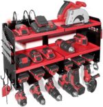 Spampur Power Tool Organizer with Charging Station, 6 Drill Holders Wall Mount, Heavy Duty Metal Premium Garage Tool Shelf, Gift for Man Cordless Tool Storage Rack with 4 Outlet Power Strip - Red