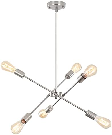 Sputnik Chandeliers for Kitchen Island,Brushed Nickel 6 Light Dining Room Lighting Fixtures Hanging, Adjustable Height Pendant Lights Industrial Modern Ceiling Light