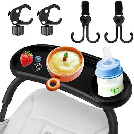 Stroller Snack Tray with Insulated Sippy Cup Holder - Upgraded Rigid Frame Stays Upright - Exclusive Non Slip Straps Firmly Grip Stroller Bar. Universal Stroller Snack Tray Attachment