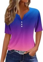 Summer Tops for Women 2024 Trendy V Neck T Shirt Gradient Color Printed Short Sleeve Shirts Casual Loose Comfy Tunics