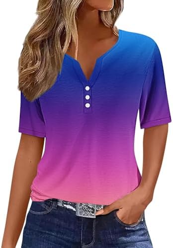 Summer Tops for Women 2024 Trendy V Neck T Shirt Gradient Color Printed Short Sleeve Shirts Casual Loose Comfy Tunics