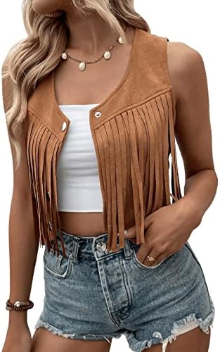 SweatyRocks Women's Suede Fringe Trim Sleeveless Crop Vest Jacket Button Front Coat