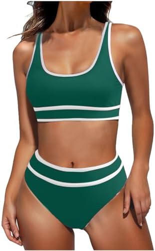 Swimsuit Set Women 2 Piece Ribbed High Waisted Bikini Swimwear Sporty Colorblock Bathing Suit Tummy Control Beach Resort Wear