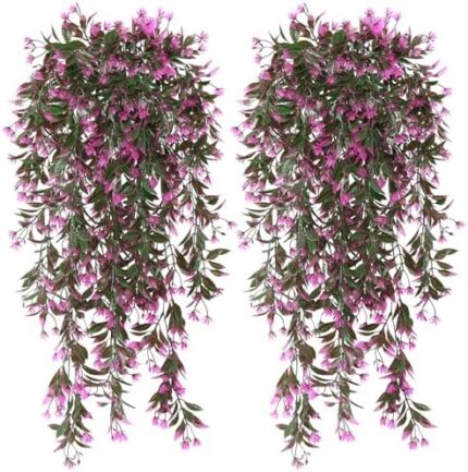 TOCHGREEN 4Pcs Artificial Hanging Plants Fern Vine,Faux Plastic Plants Fake Ivy Vine Greenery Garland with Purple Flower,Outdoor Indoor Decorations for Living Room Garden Wall Home Decor (Rose Red)