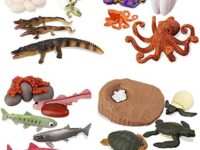 TOYMANY 17PCS Sea Animal Life Cycle Figurines of Green Sea Turtle Crocodile Octopus Salmon Fish, Plastic Marine Figures Toy Kit School Project Cake Topper Party Supplies for Kids Toddlers