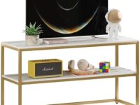 TV Stand for TVs up to 50 Inch, Modern 2 Tier Entertainment Center with Marble Wooden Veneer Top and Gold Metal Base, 42" Media Console Table, with Storage for Living Room Bedroom