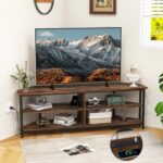 Tangkula Corner TV Stand for TVs up to 65”, TV Console Table w/AC Outlets, USB A Ports, USB C Port, Metal Frame & Storage Shelves, 55” Media Entertainment Center for Living Room (Rustic Brown, 55" L)