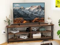 Tangkula Corner TV Stand for TVs up to 65”, TV Console Table w/AC Outlets, USB A Ports, USB C Port, Metal Frame & Storage Shelves, 55” Media Entertainment Center for Living Room (Rustic Brown, 55" L)