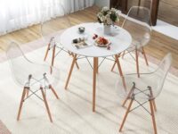 Tangkula Dining Table Set for 4, Kitchen Table Set with Seat & Solid Wood Legs, Modern Round Dinner Table & 4 Chairs for Home, White and Sliver