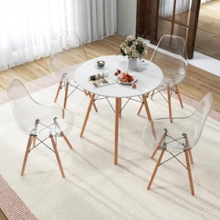 Tangkula Dining Table Set for 4, Kitchen Table Set with Seat & Solid Wood Legs, Modern Round Dinner Table & 4 Chairs for Home, White and Sliver