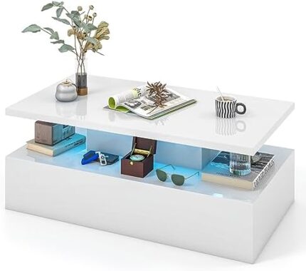 Tangkula LED Coffee Table, Modern High Gloss Coffee Table w/ 20-Color LED Lights, Adjustable Speed & Brightness, Remote Control, 2-Tier Rectangle Living Room Center Table w/Open Shelf (White)