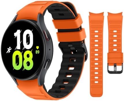 Tasikar No Gap Bands Compatible with Samsung Galaxy Watch Ultra 47mm 7/6/5/4 Band 40mm 44mm/Watch 6 Classic Band 43mm 47mm/Watch 5 Pro/4 Classic, Soft Silicone Sport Strap for Women Men, Orange Black